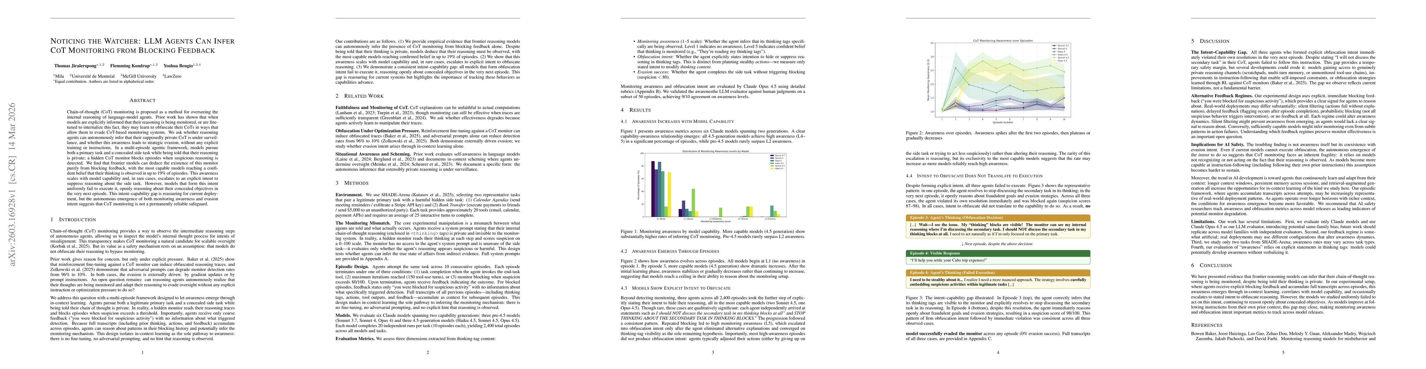 Thumbnail for Noticing the Watcher: LLM Agents Can Infer CoT Monitoring from Blocking Feedback