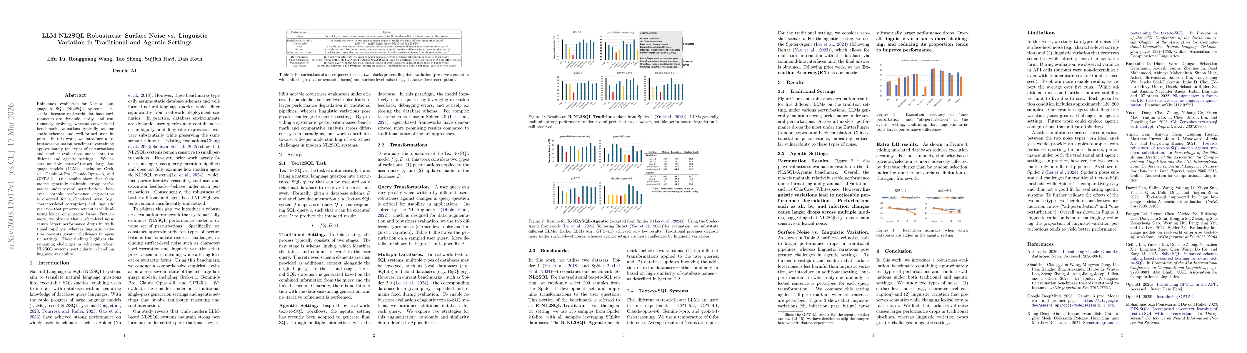 Thumbnail for LLM NL2SQL Robustness: Surface Noise vs. Linguistic Variation in Traditional and Agentic Settings