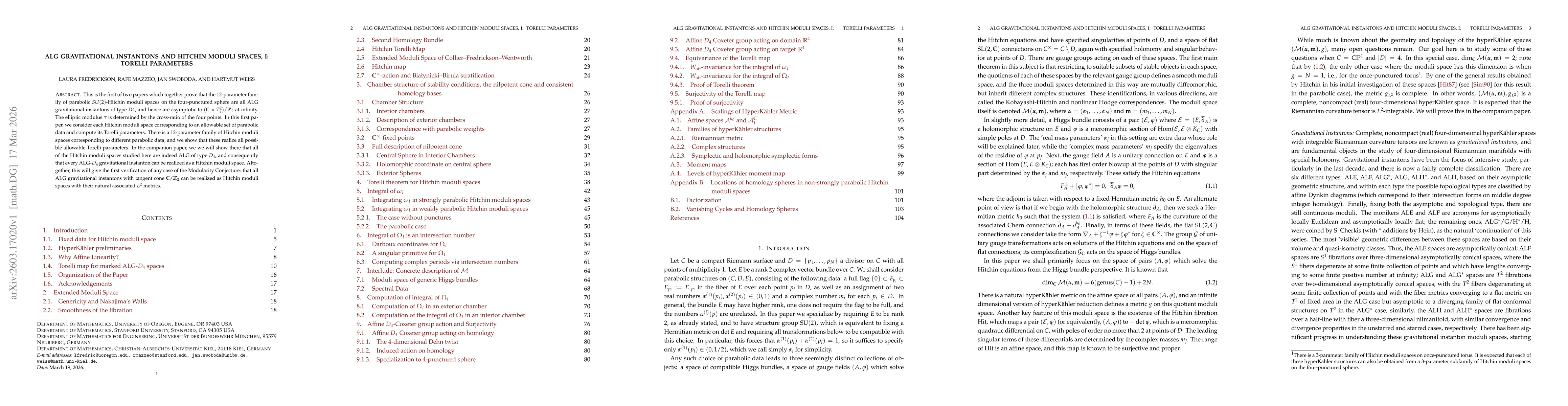 Thumbnail for ALG gravitational instantons and Hitchin moduli spaces, I: Torelli parameters