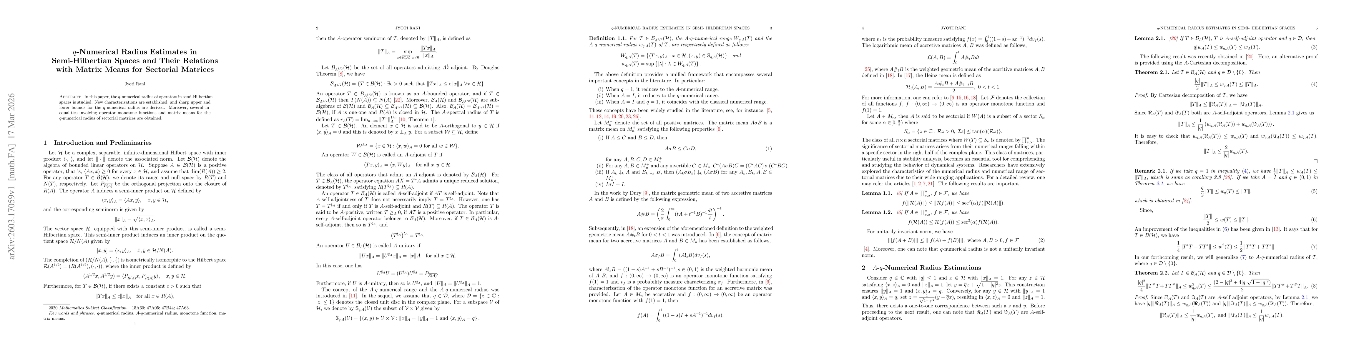Thumbnail for $q$-Numerical Radius Estimates in Semi-Hilbertian Spaces and Their Relations with Matrix Means for Sectorial Matrices