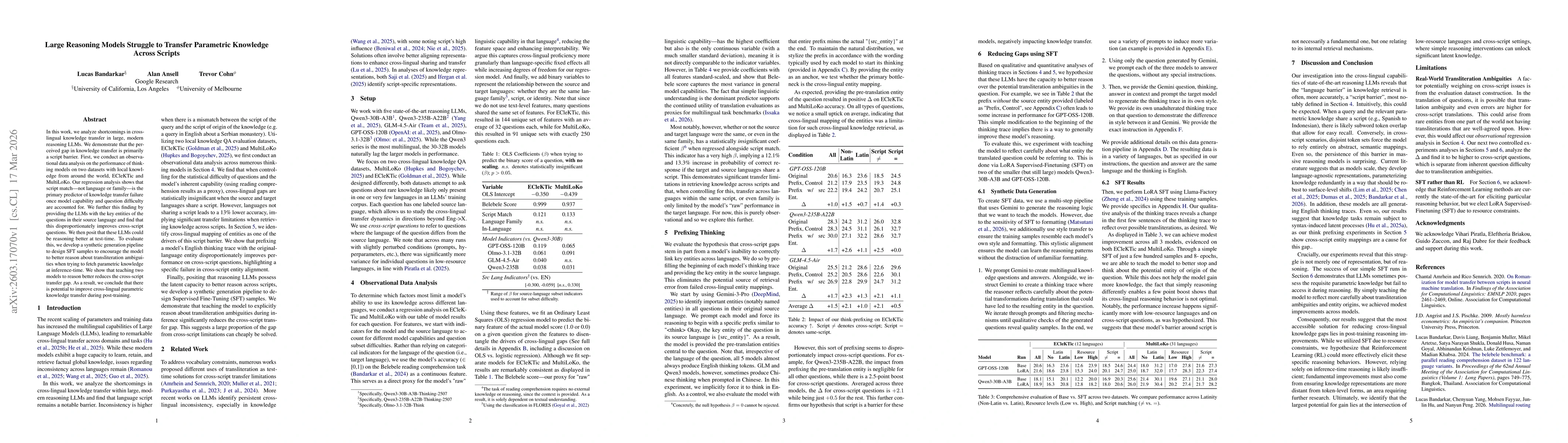 Thumbnail for Large Reasoning Models Struggle to Transfer Parametric Knowledge Across Scripts