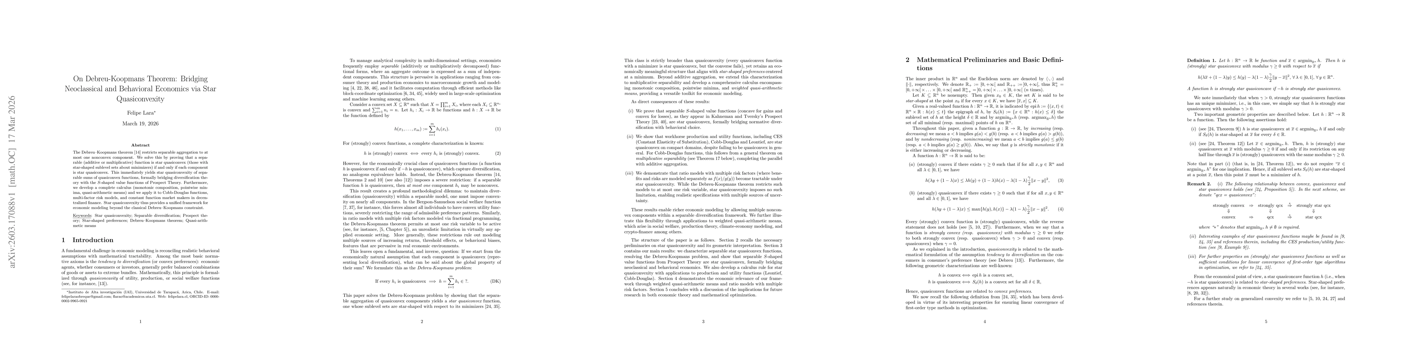 Thumbnail for On Debreu-Koopmans Theorem: Bridging Neoclassical and Behavioral Economics via Star Quasiconvexity