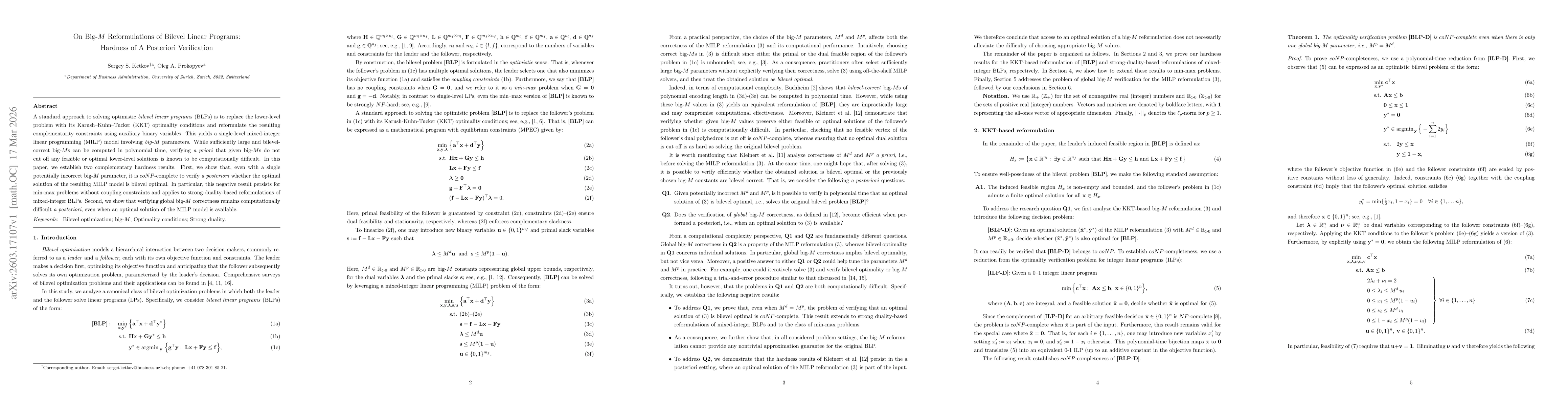 Thumbnail for On Big-M Reformulations of Bilevel Linear Programs: Hardness of A Posteriori Verification