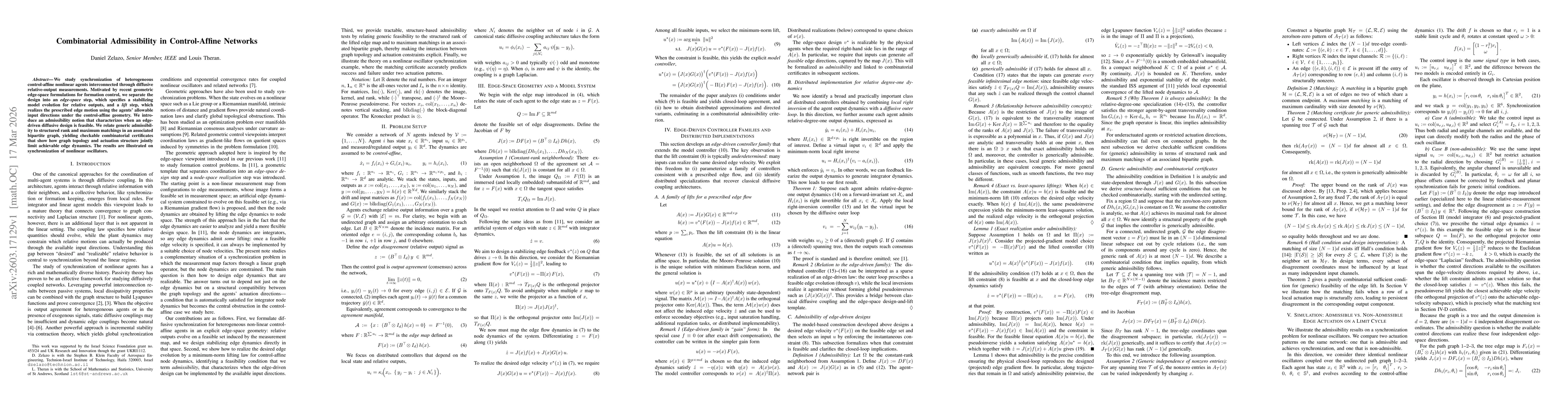 Thumbnail for Combinatorial Admissibility in Control-Affine Networks
