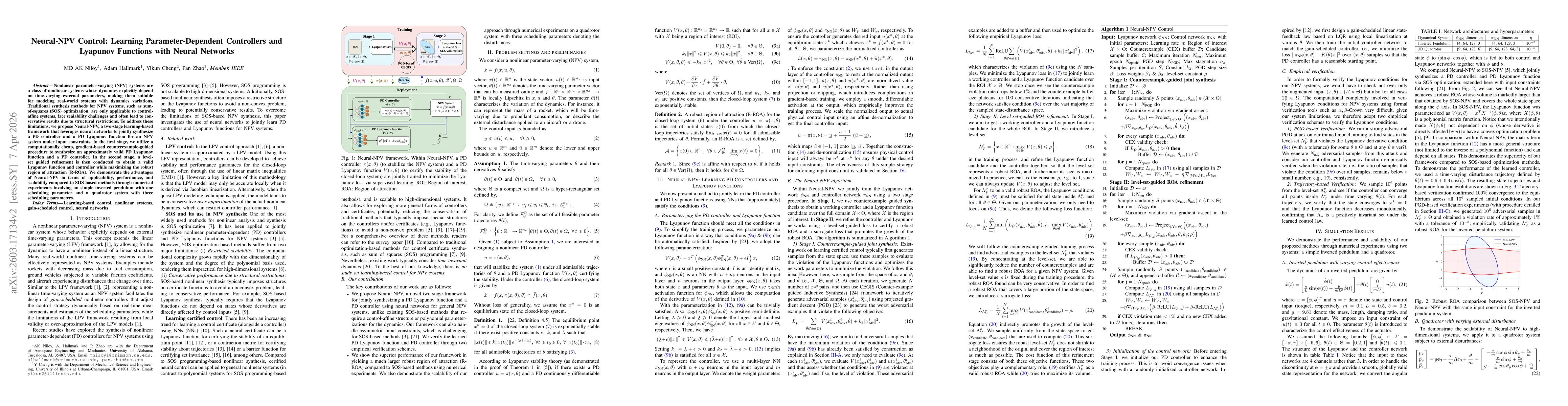 Thumbnail for Neural-NPV Control: Learning Parameter-Dependent Controllers and Lyapunov Functions with Neural Networks
