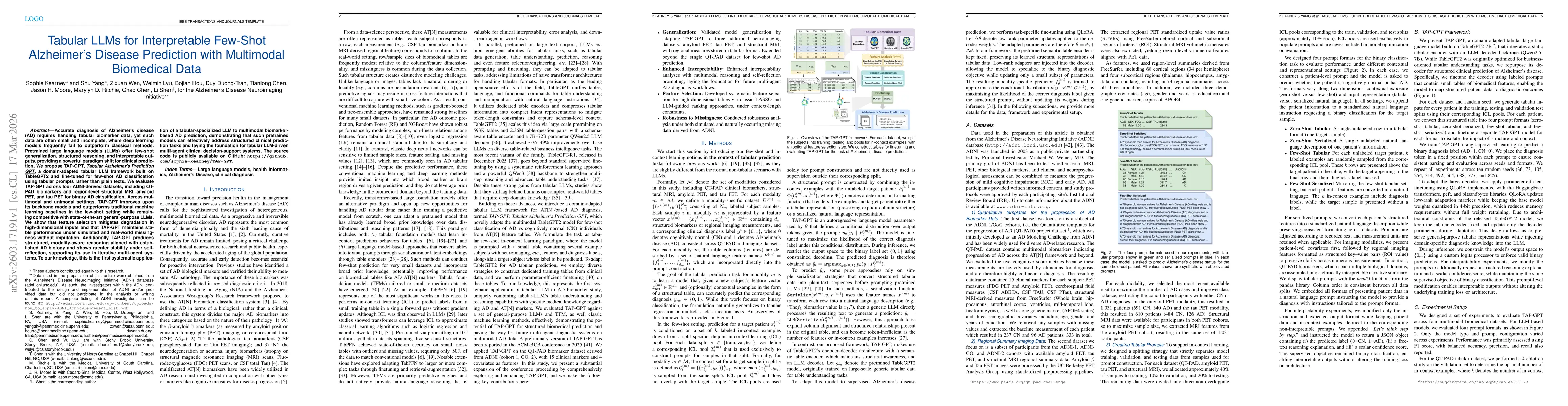 Thumbnail for Tabular LLMs for Interpretable Few-Shot Alzheimer's Disease Prediction with Multimodal Biomedical Data