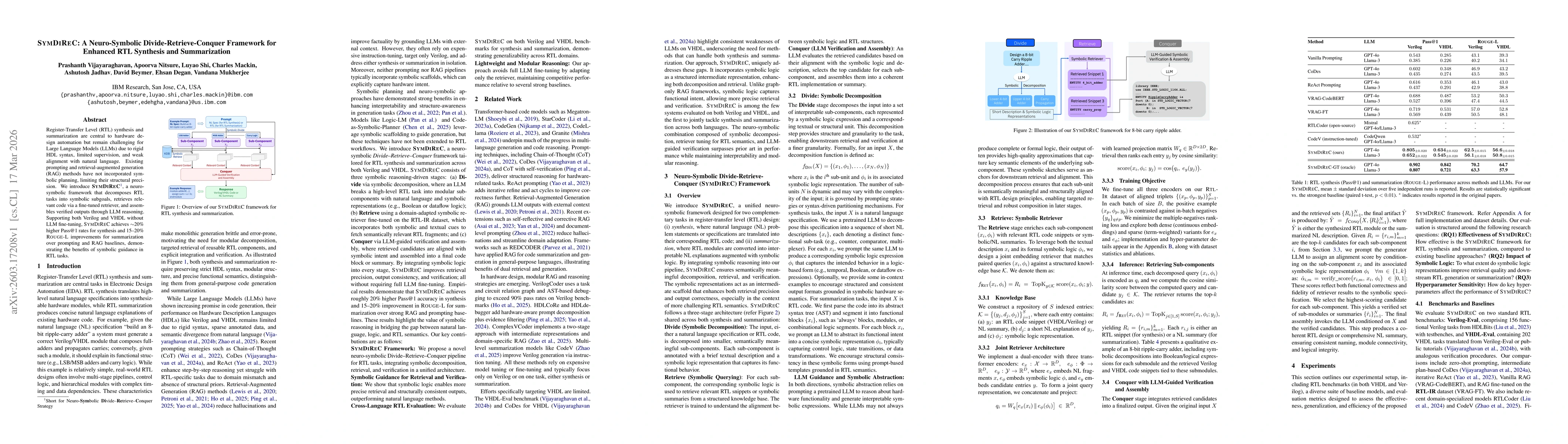 Thumbnail for SYMDIREC: A Neuro-Symbolic Divide-Retrieve-Conquer Framework for Enhanced RTL Synthesis and Summarization