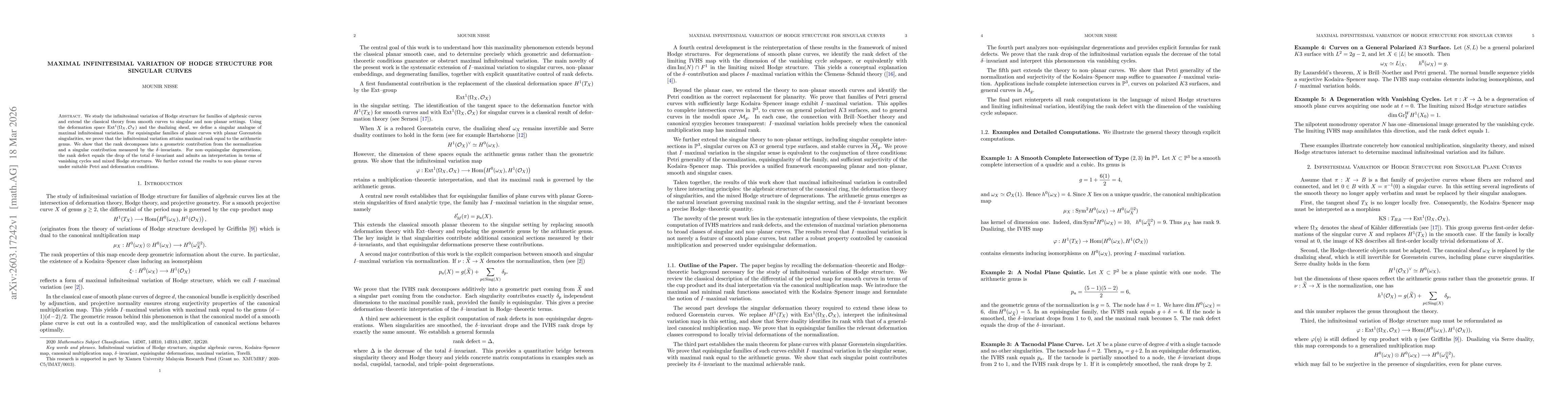 Thumbnail for Maximal Infinitesimal Variation of Hodge Structure for Singular Curves