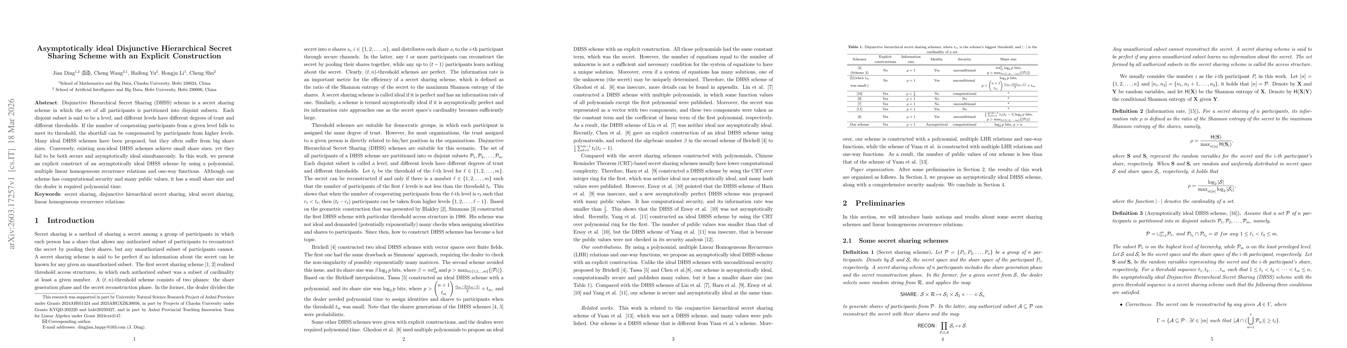 Thumbnail for Asymptotically ideal Disjunctive Hierarchical Secret Sharing Scheme with an Explicit Construction