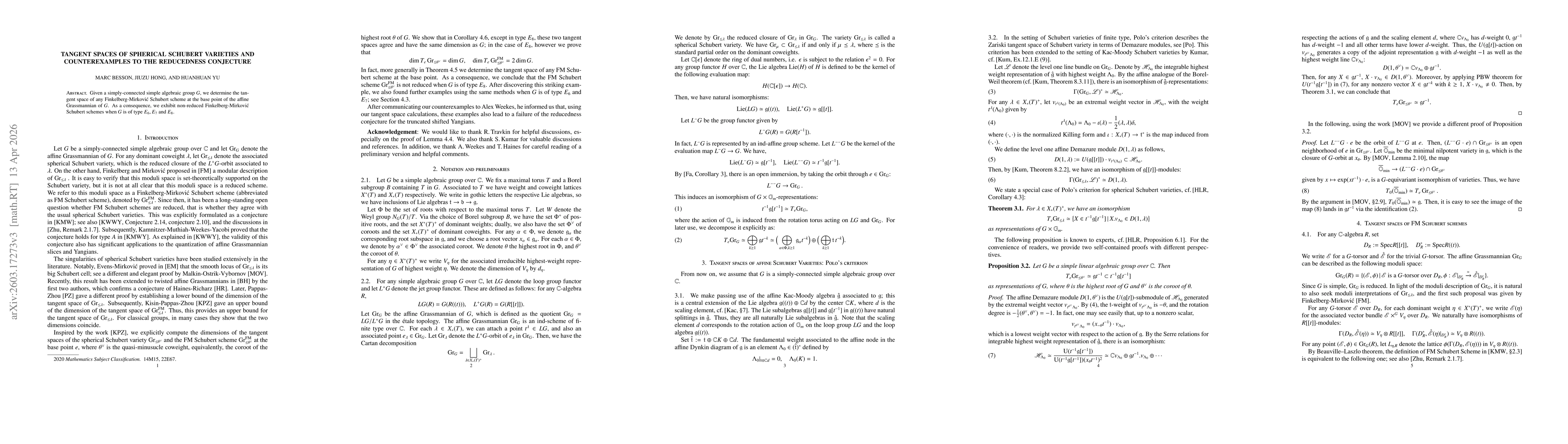 Thumbnail for Tangent spaces of spherical Schubert varieties and a counterexample to the reducedness conjecture