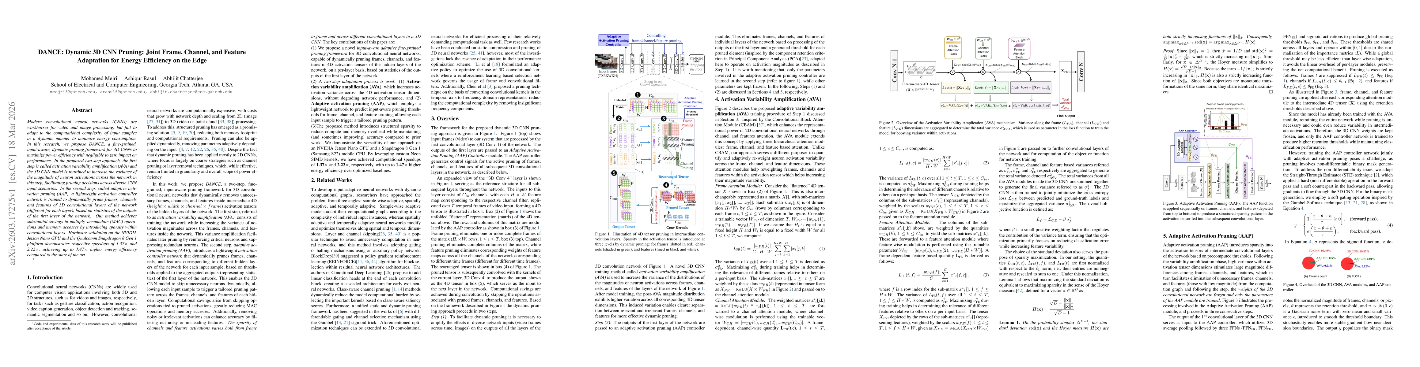 Thumbnail for DANCE: Dynamic 3D CNN Pruning: Joint Frame, Channel, and Feature Adaptation for Energy Efficiency on the Edge