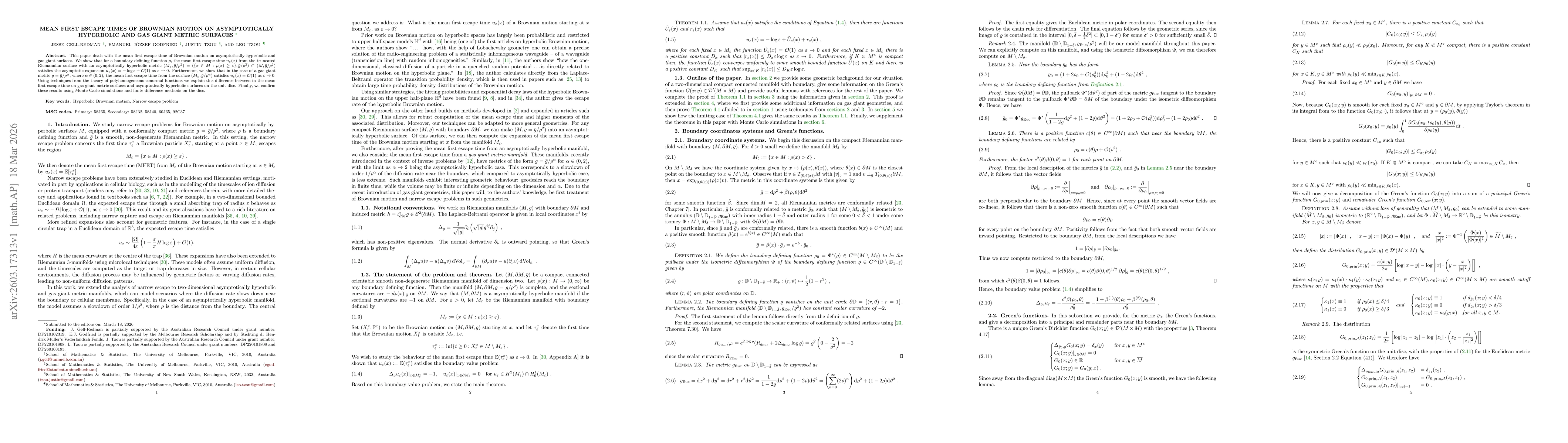 Thumbnail for Mean first escape times of Brownian motion on asymptotically hyperbolic and gas giant metric surfaces