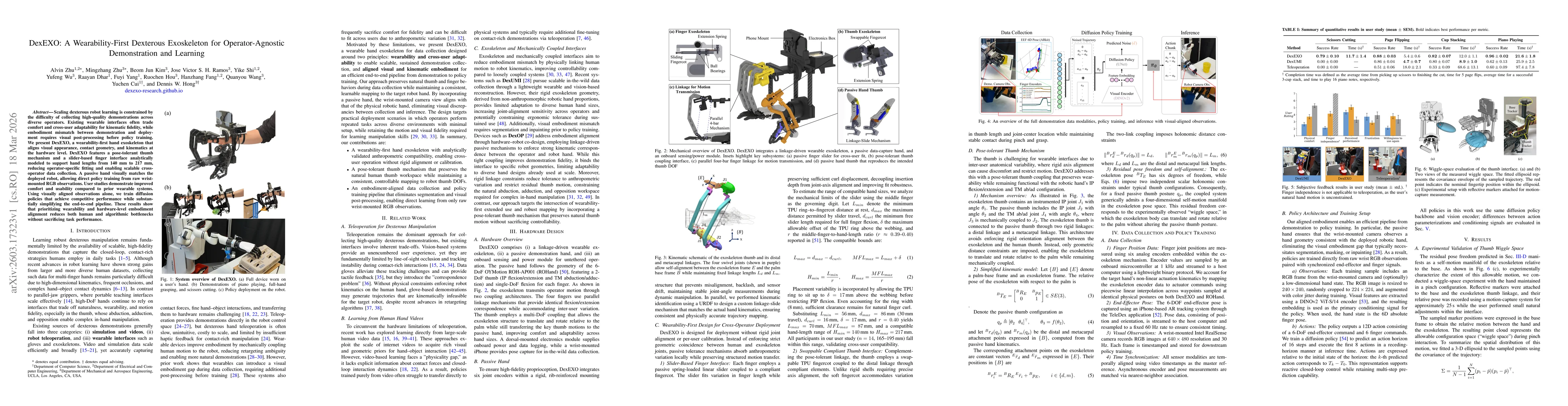 Thumbnail for DexEXO: A Wearability-First Dexterous Exoskeleton for Operator-Agnostic Demonstration and Learning
