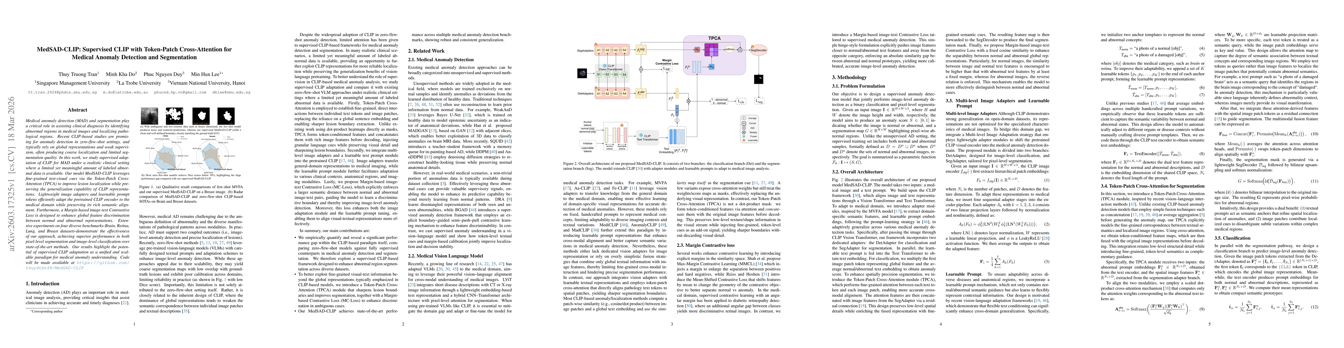 Thumbnail for MedSAD-CLIP: Supervised CLIP with Token-Patch Cross-Attention for Medical Anomaly Detection and Segmentation