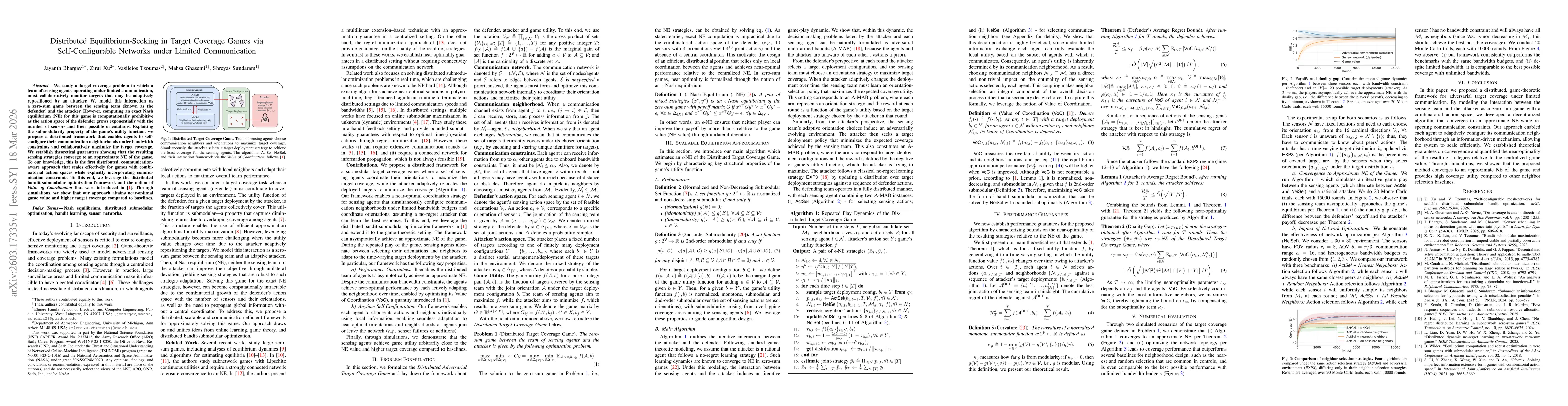 Thumbnail for Distributed Equilibrium-Seeking in Target Coverage Games via Self-Configurable Networks under Limited Communication