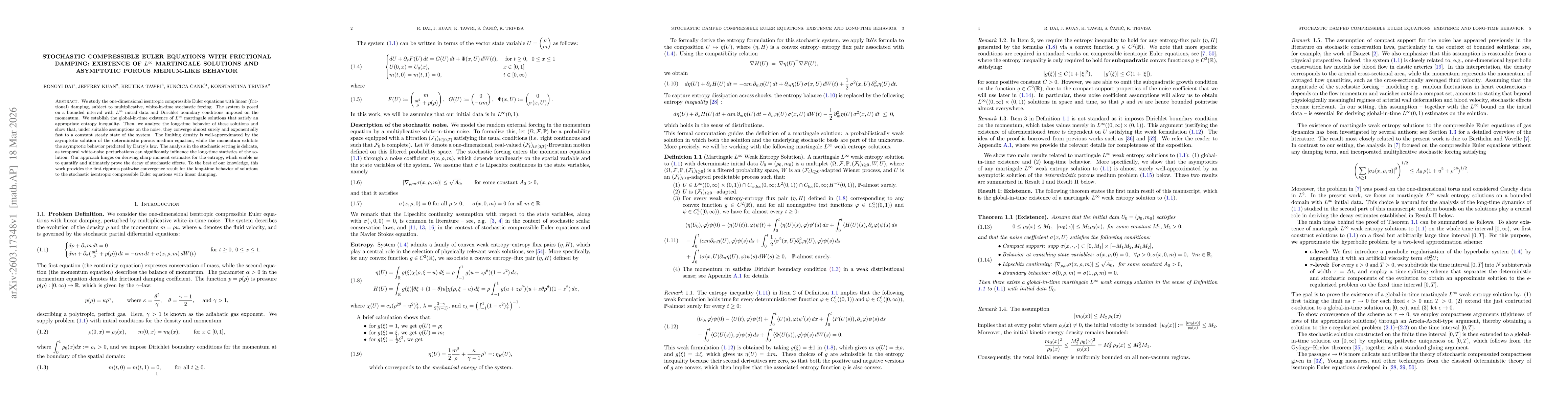 Thumbnail for Stochastic Compressible Euler Equations with Frictional Damping: Existence of $L^\infty$ Martingale Solutions and Asymptotic Porous Medium-Like Behavior