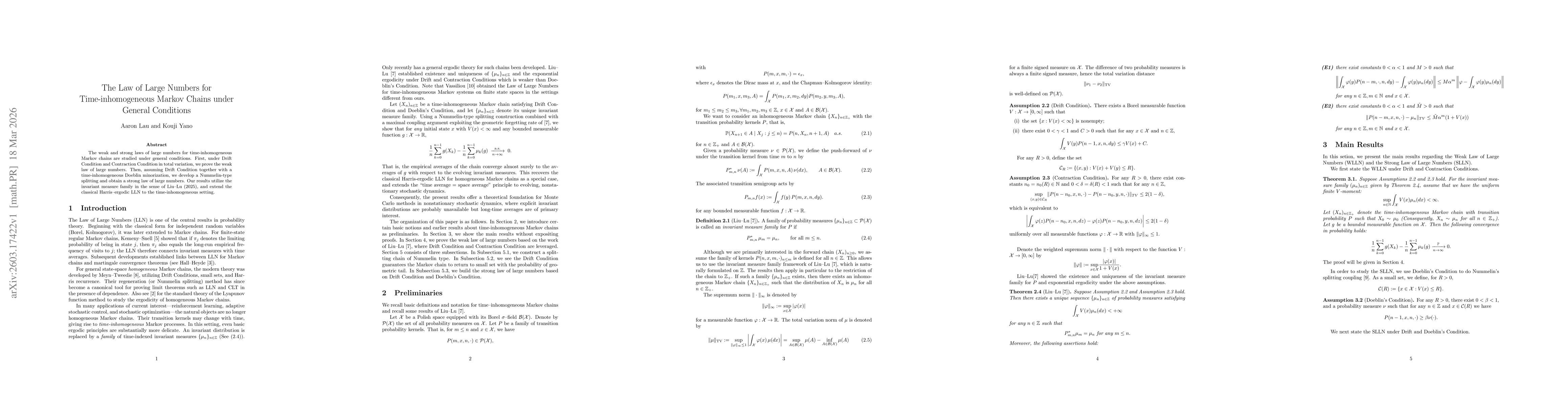 Thumbnail for The Law of Large Numbers for Time-inhomogeneous Markov Chains under General Conditions