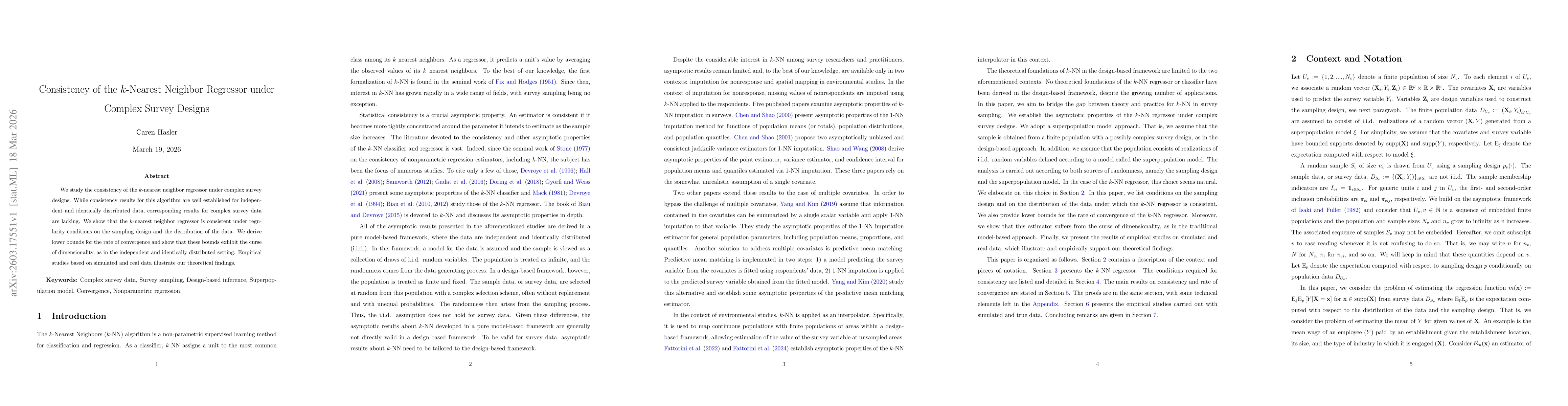 Thumbnail for Consistency of the $k$-Nearest Neighbor Regressor under Complex Survey Designs