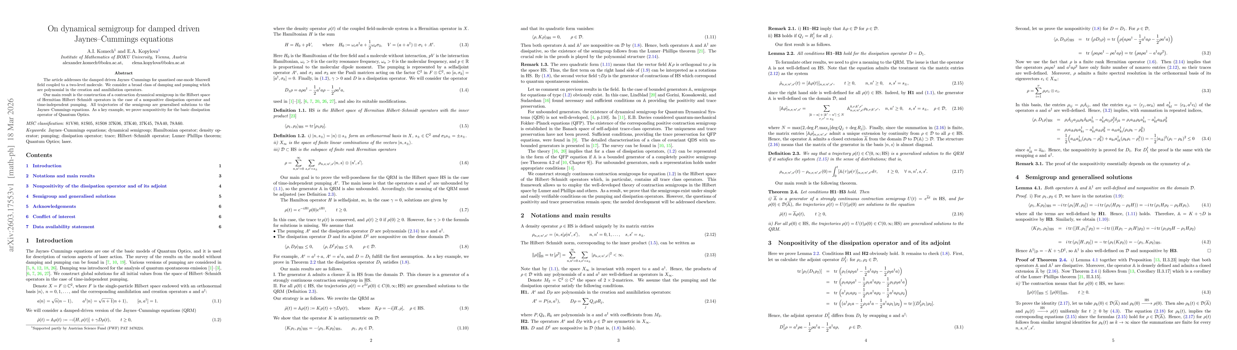Thumbnail for On dynamical semigroup for damped driven Jaynes-Cummings equations