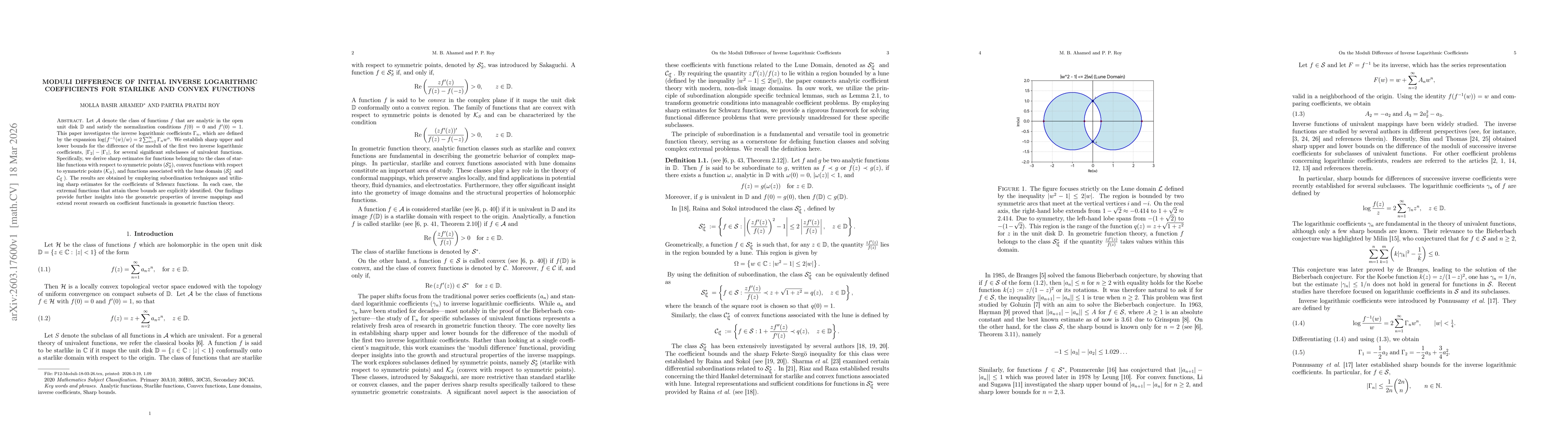 Thumbnail for Moduli difference of initial inverse logarithmic coefficients for starlike and convex functions
