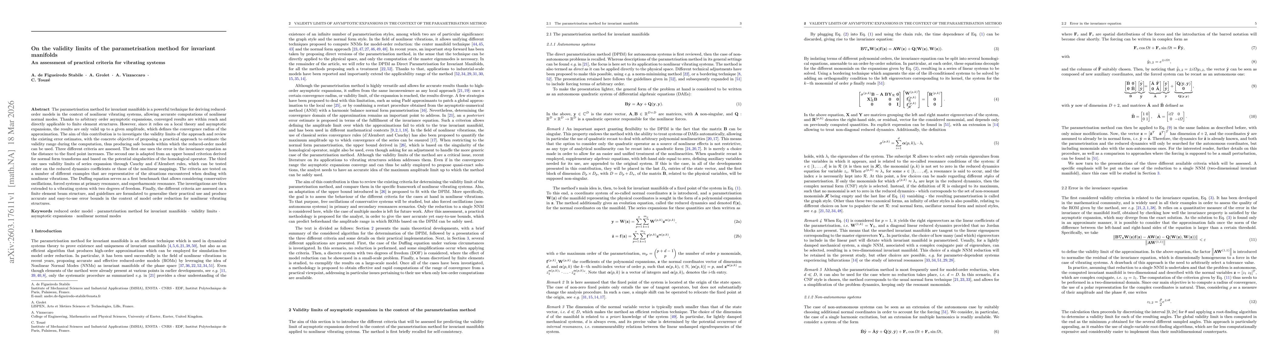Thumbnail for On the validity limits of the parametrisation method for invariant manifolds: an assessment of practical criteria for vibrating systems
