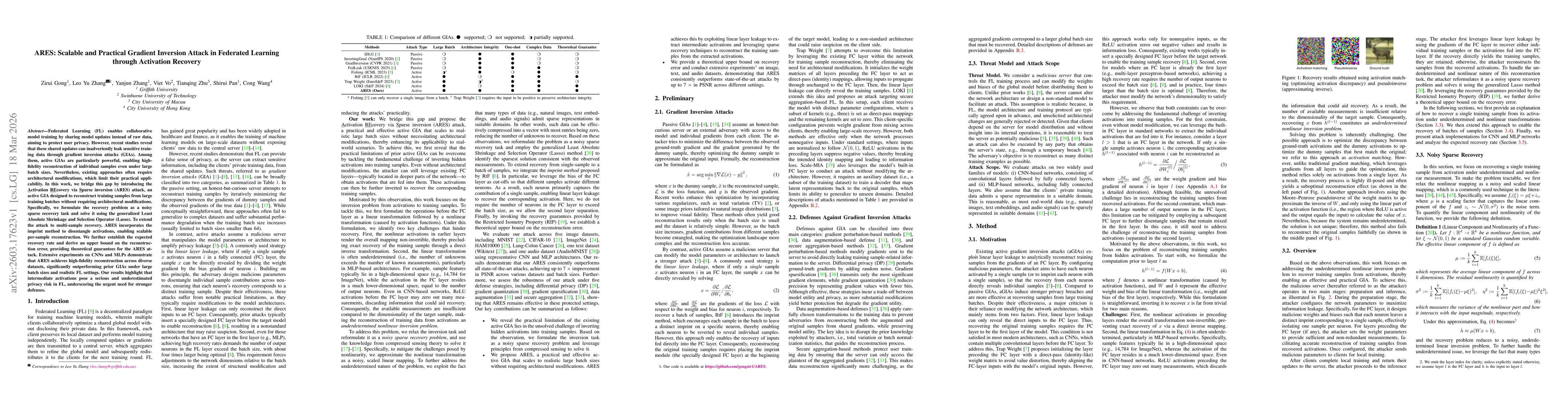 Thumbnail for ARES: Scalable and Practical Gradient Inversion Attack in Federated Learning through Activation Recovery