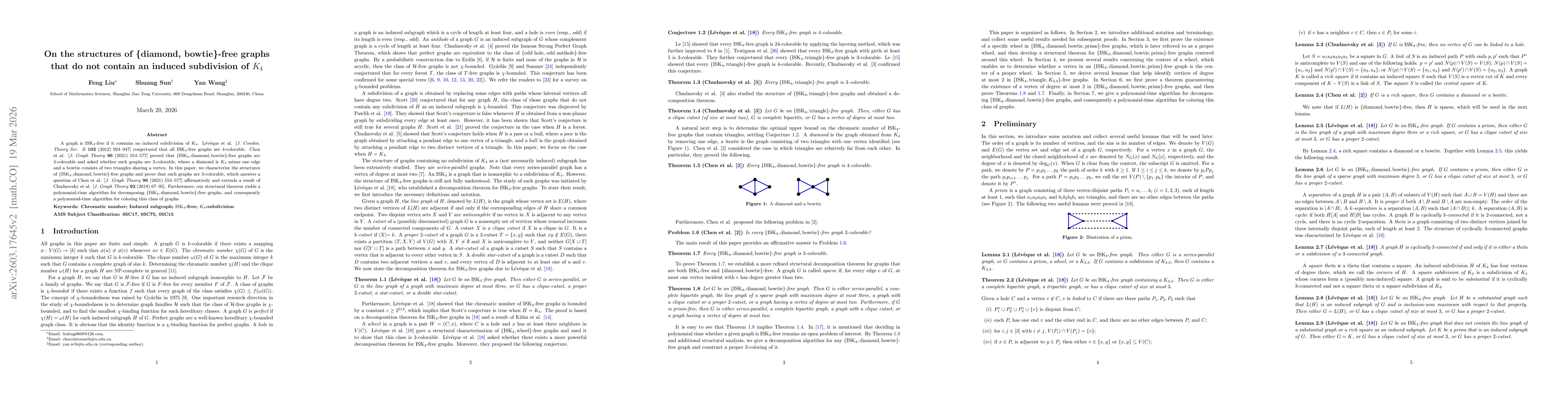 Thumbnail for On the structures of \{diamond, bowtie\}-free graphs that do not contain an induced subdivision of $K_4$