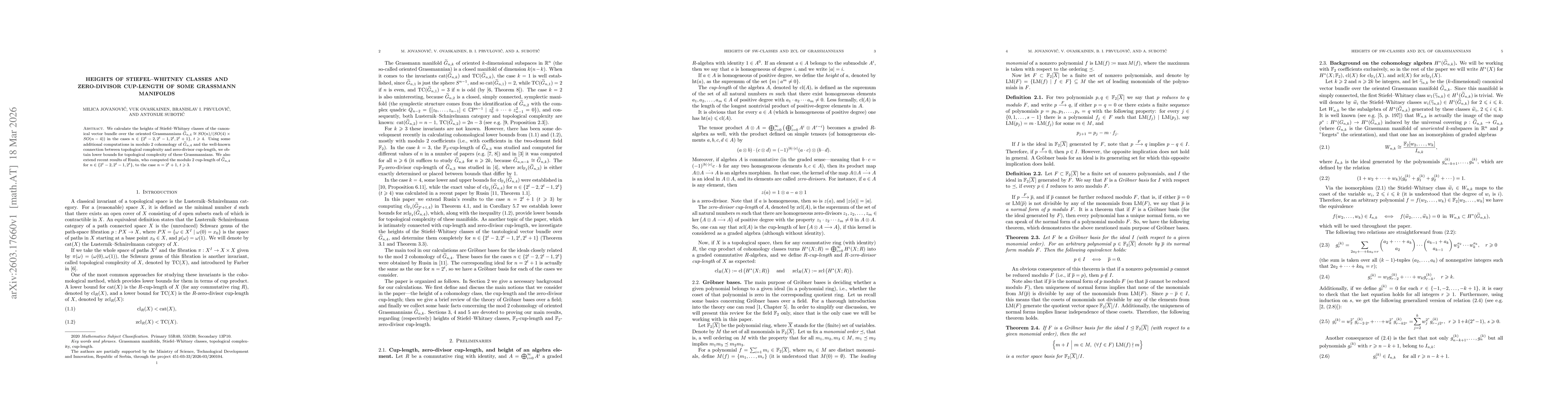 Thumbnail for Heights of Stiefel--Whitney classes and zero-divisor cup-length of some Grassmann manifolds