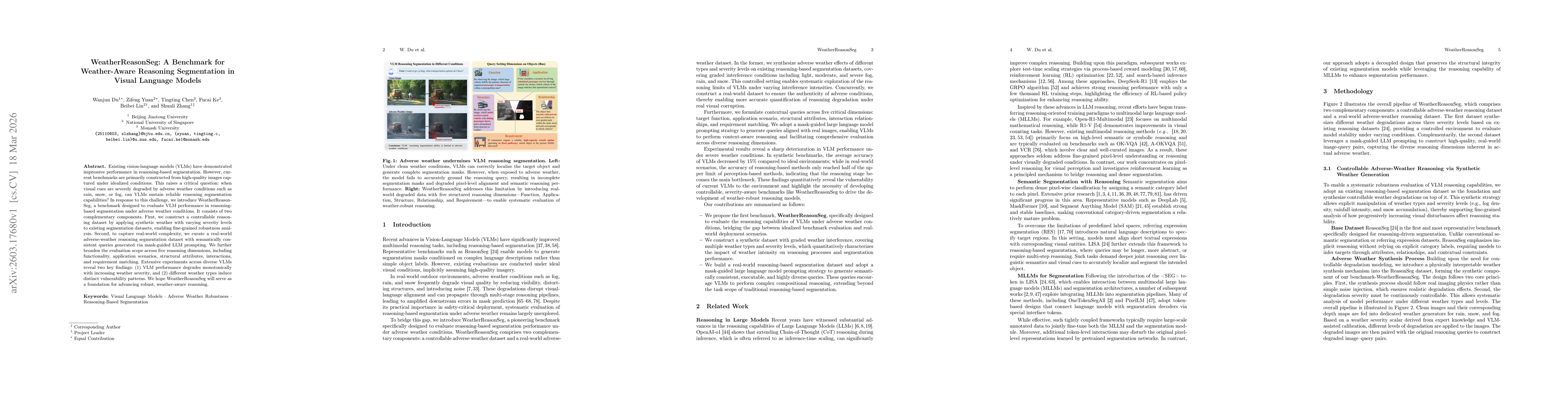 Thumbnail for WeatherReasonSeg: A Benchmark for Weather-Aware Reasoning Segmentation in Visual Language Models