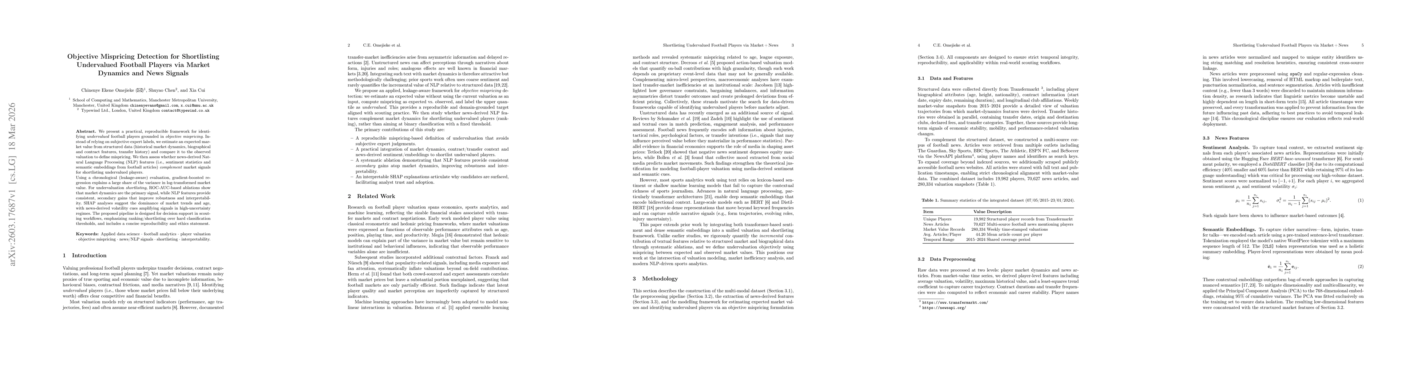 Thumbnail for Objective Mispricing Detection for Shortlisting Undervalued Football Players via Market Dynamics and News Signals