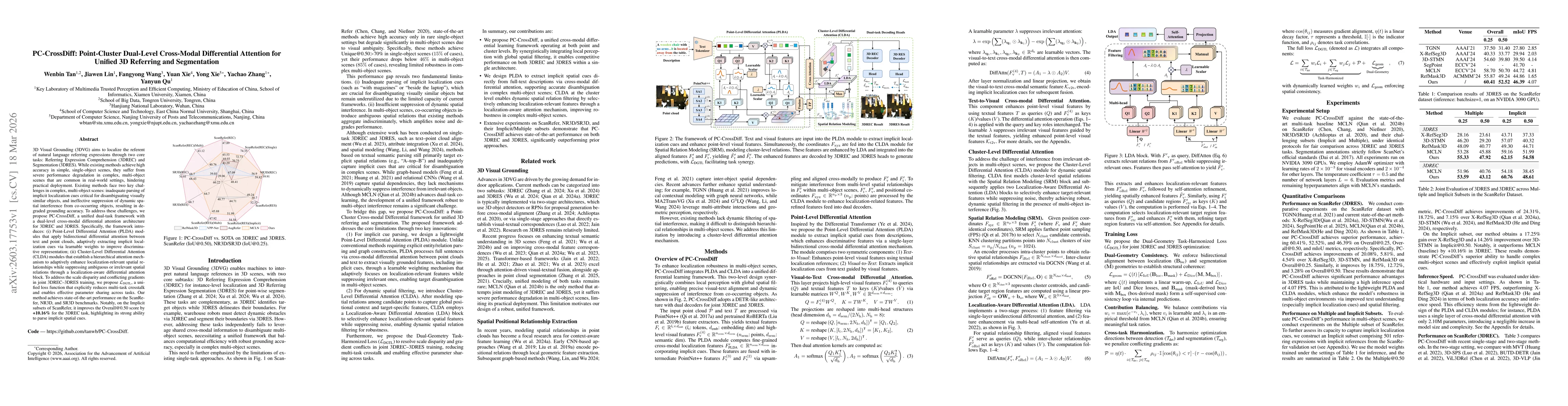 Thumbnail for PC-CrossDiff: Point-Cluster Dual-Level Cross-Modal Differential Attention for Unified 3D Referring and Segmentation