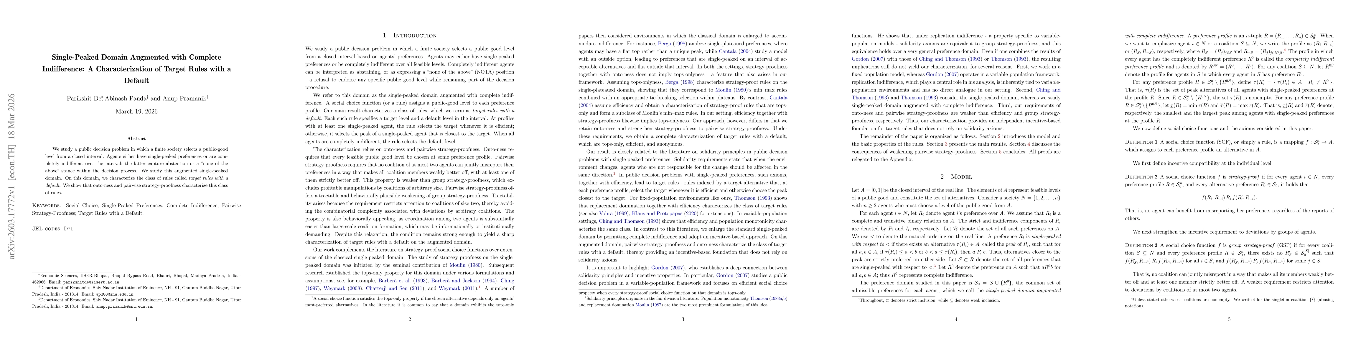 Thumbnail for Single-Peaked Domain Augmented with Complete Indifference: A Characterization of Target Rules with a Default