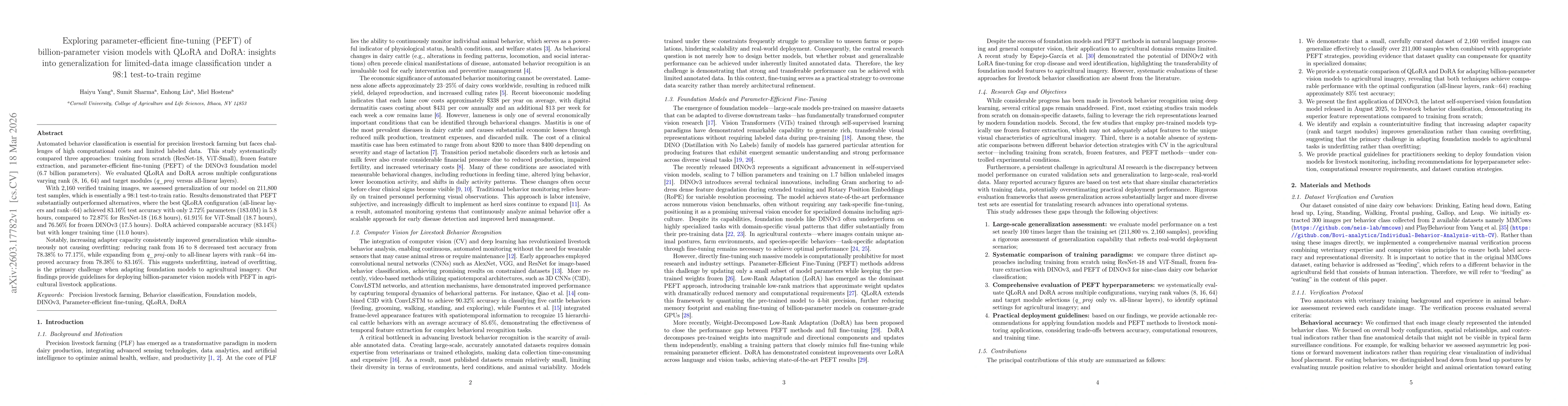 Thumbnail for Exploring parameter-efficient fine-tuning (PEFT) of billion-parameter vision models with QLoRA and DoRA: insights into generalization for limited-data image classification under a 98:1 test-to-train regime