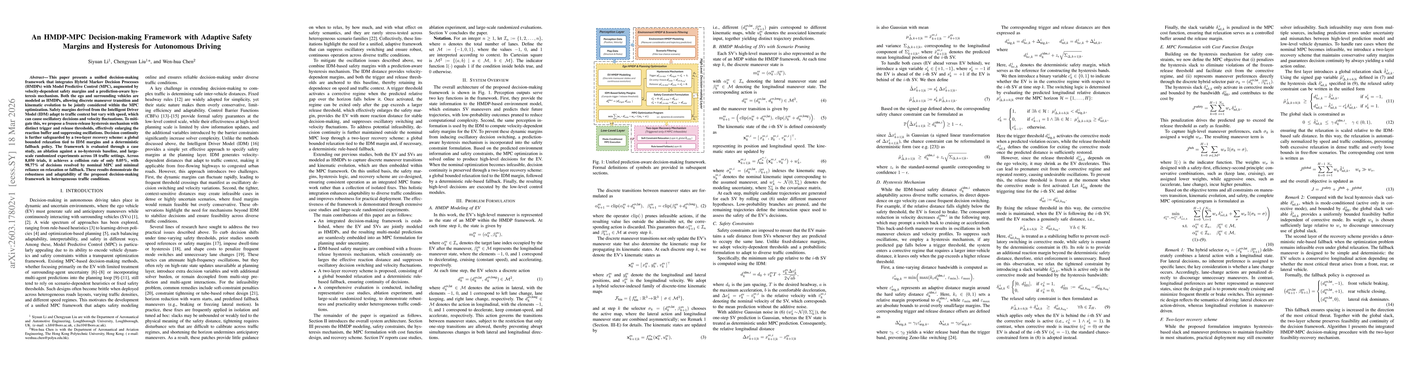 Thumbnail for An HMDP-MPC Decision-making Framework with Adaptive Safety Margins and Hysteresis for Autonomous Driving
