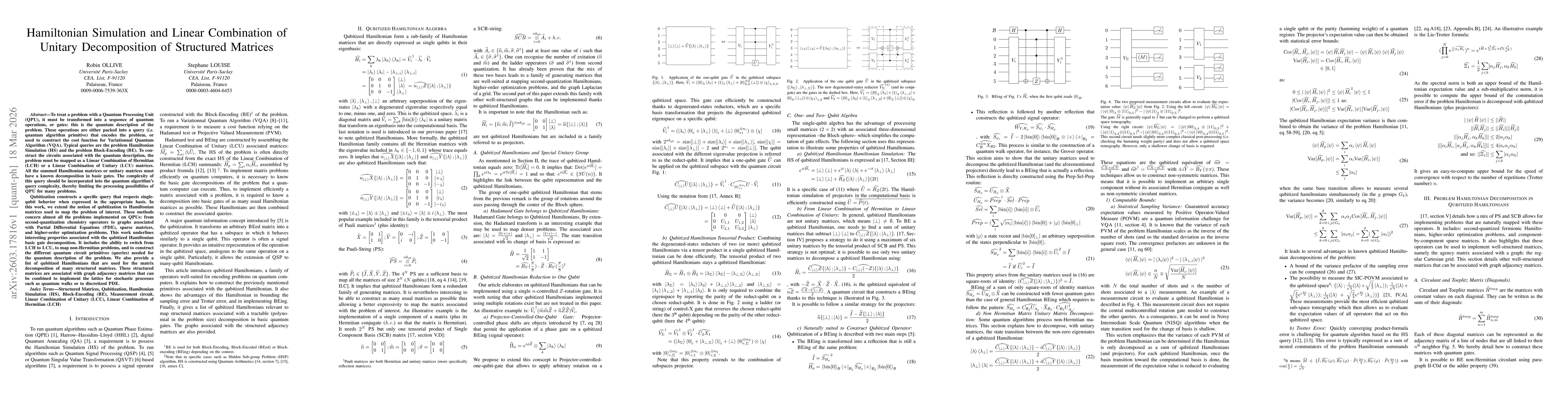 Thumbnail for Hamiltonian Simulation and Linear Combination of Unitary Decomposition of Structured Matrices
