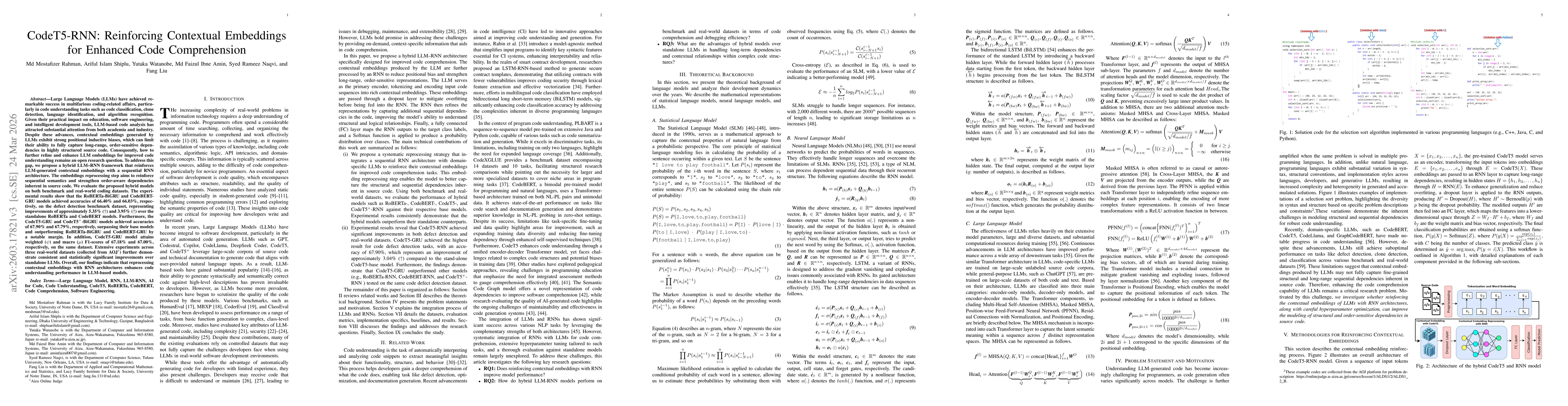 Thumbnail for CodeT5-RNN: Reinforcing Contextual Embeddings for Enhanced Code Comprehension
