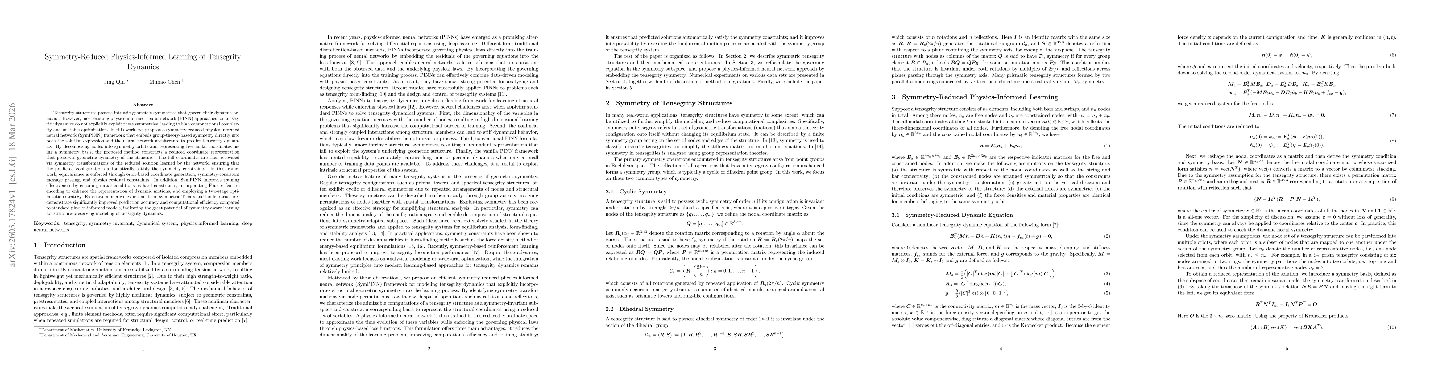 Thumbnail for Symmetry-Reduced Physics-Informed Learning of Tensegrity Dynamics