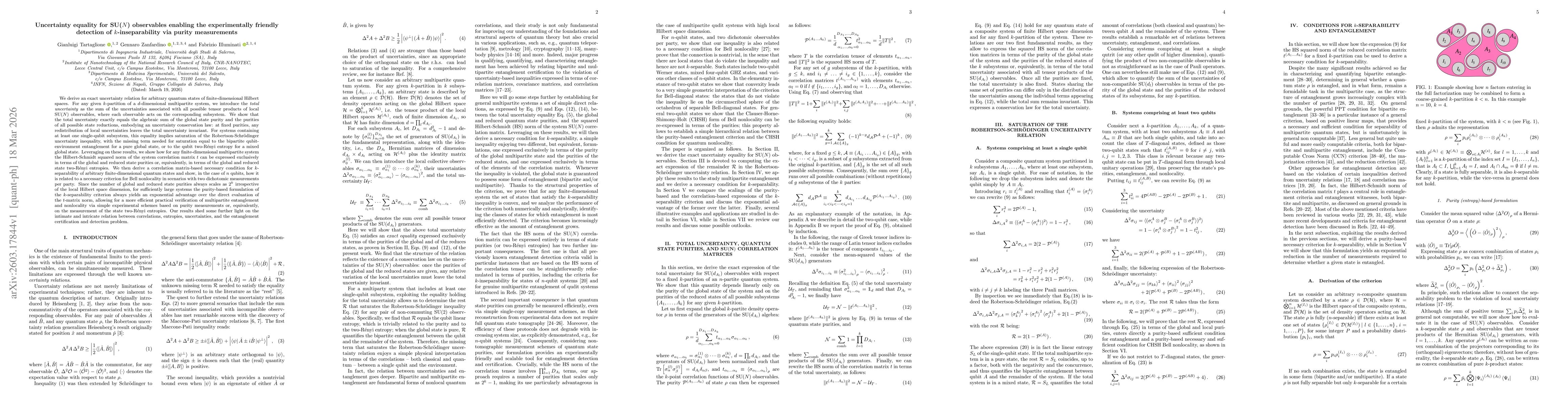 Thumbnail for Uncertainty equality for SU(N) observables enabling the experimentally friendly detection of k-inseparability via purity measurements