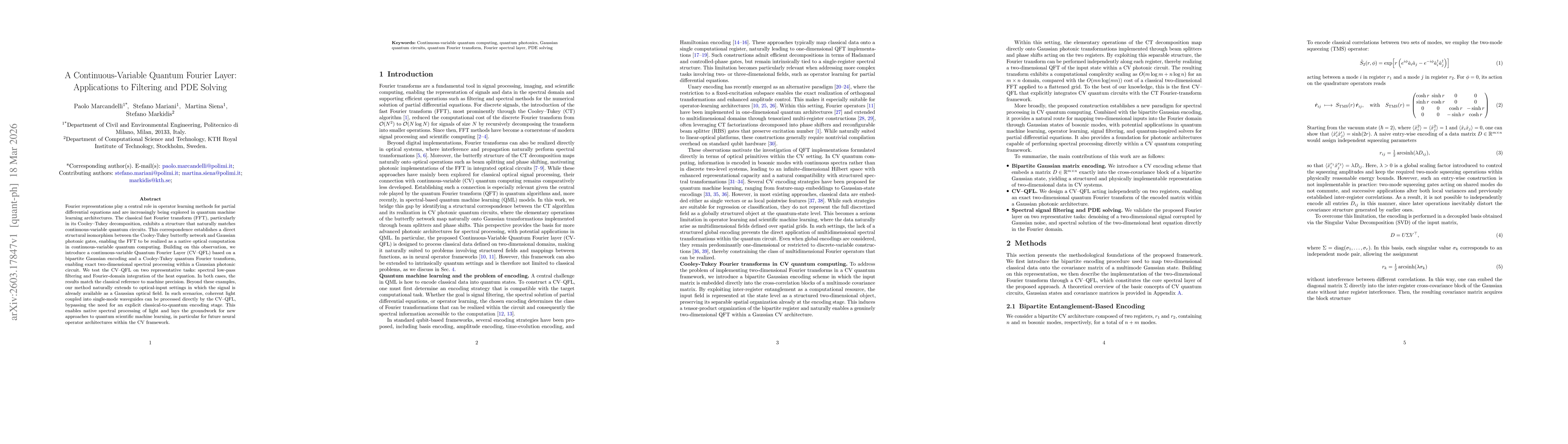 Thumbnail for A Continuous-Variable Quantum Fourier Layer: Applications to Filtering and PDE Solving