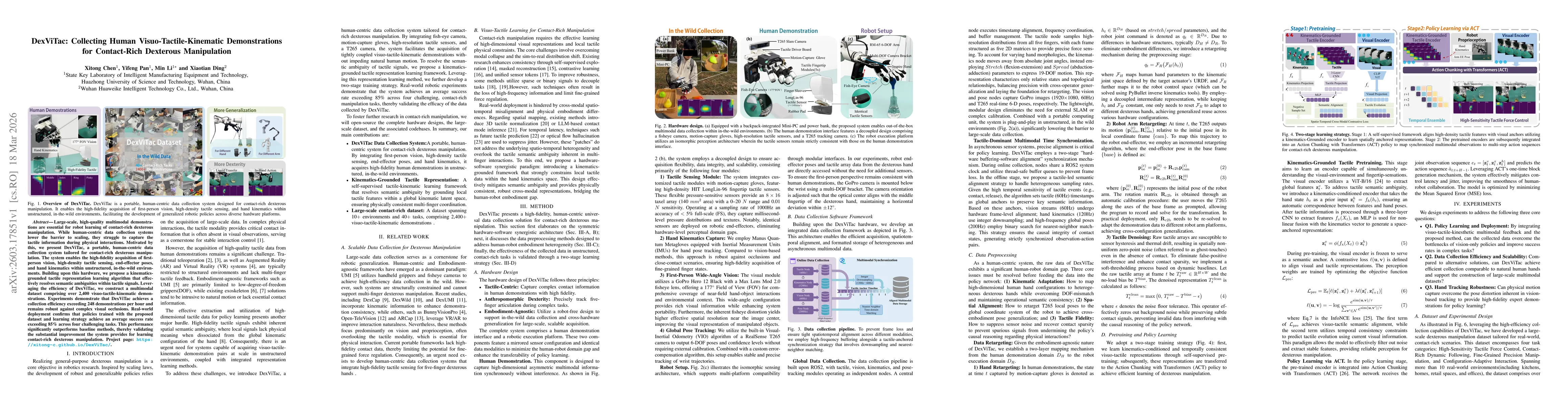 Thumbnail for DexViTac: Collecting Human Visuo-Tactile-Kinematic Demonstrations for Contact-Rich Dexterous Manipulation