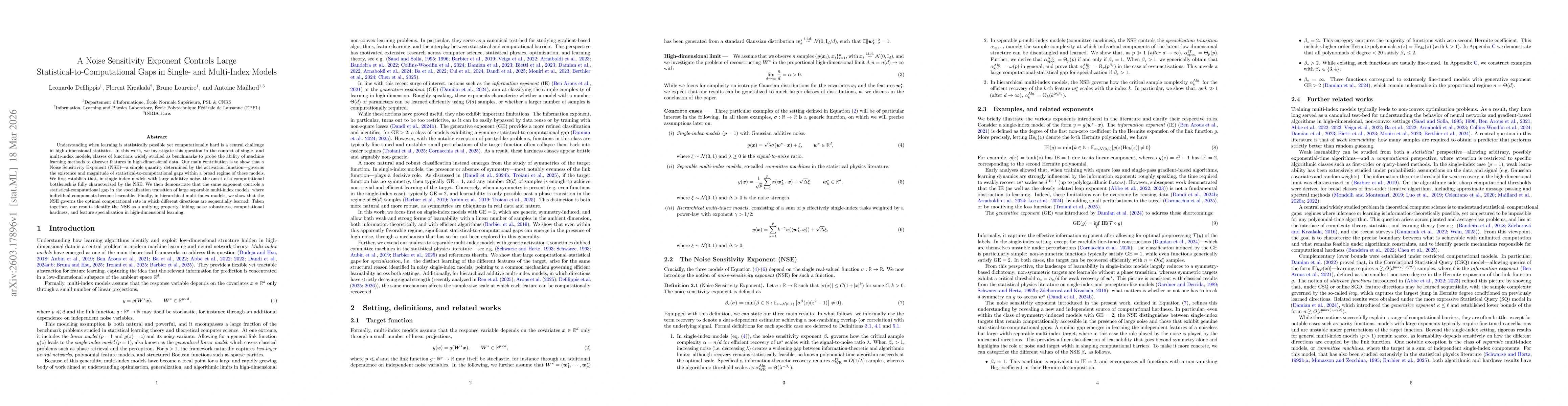 Thumbnail for A Noise Sensitivity Exponent Controls Large Statistical-to-Computational Gaps in Single- and Multi-Index Models
