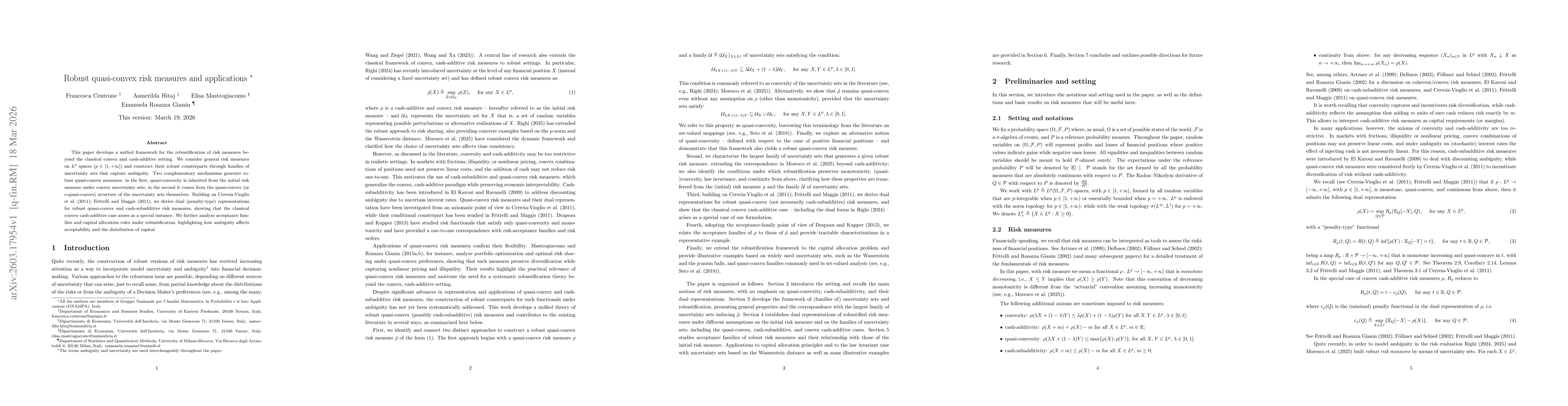 Thumbnail for Robust quasi-convex risk measures and applications