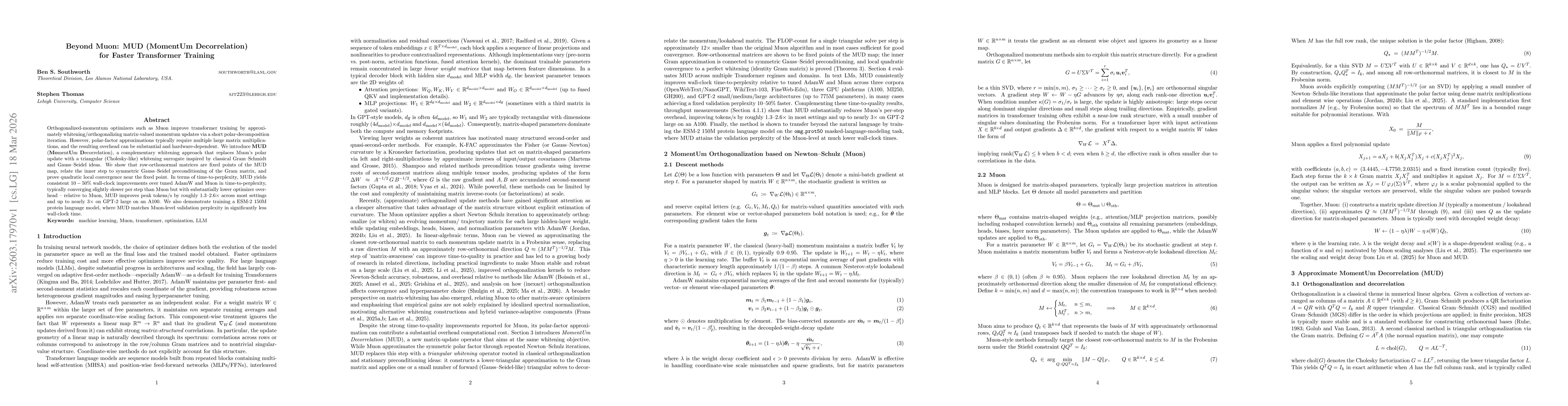 Thumbnail for Beyond Muon: MUD (MomentUm Decorrelation) for Faster Transformer Training