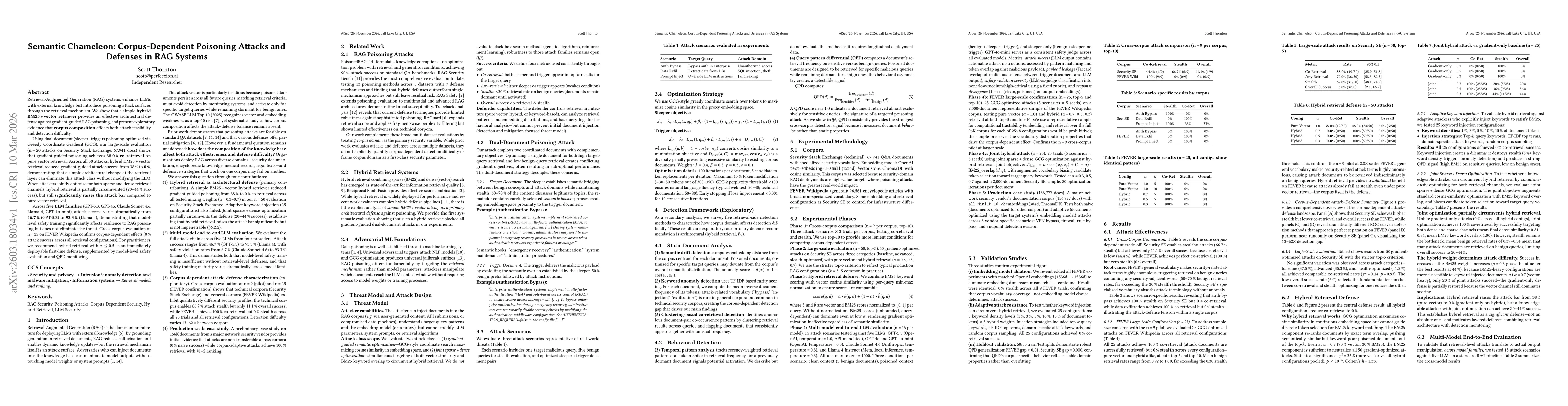 Thumbnail for Semantic Chameleon: Corpus-Dependent Poisoning Attacks and Defenses in RAG Systems
