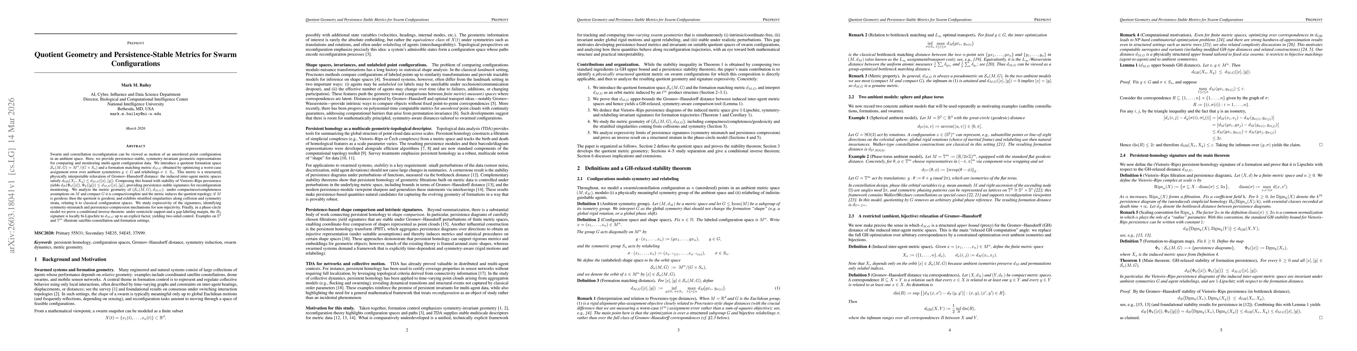 Thumbnail for Quotient Geometry and Persistence-Stable Metrics for Swarm Configurations