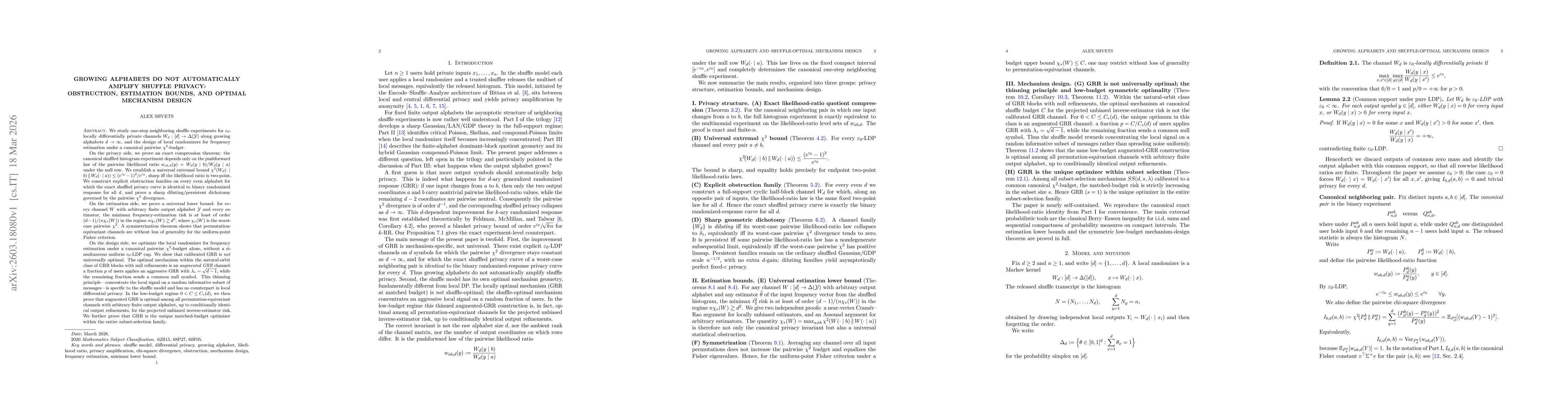 Thumbnail for Growing Alphabets Do Not Automatically Amplify Shuffle Privacy: Obstruction, Estimation Bounds, and Optimal Mechanism Design