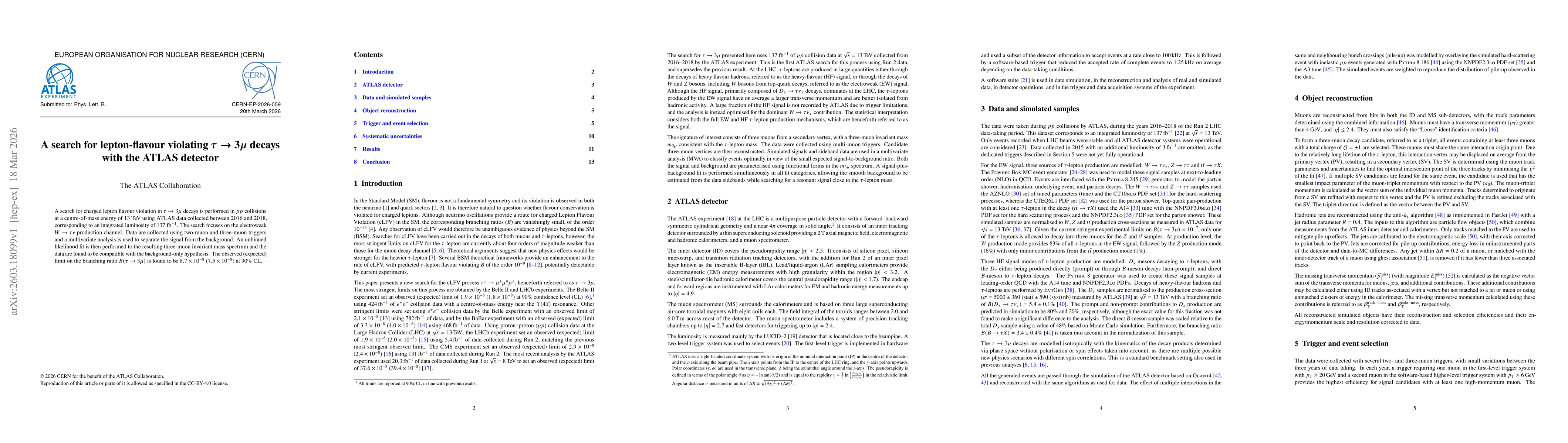 Thumbnail for A search for lepton-flavour violating $τ\to 3μ$ decays with the ATLAS detector