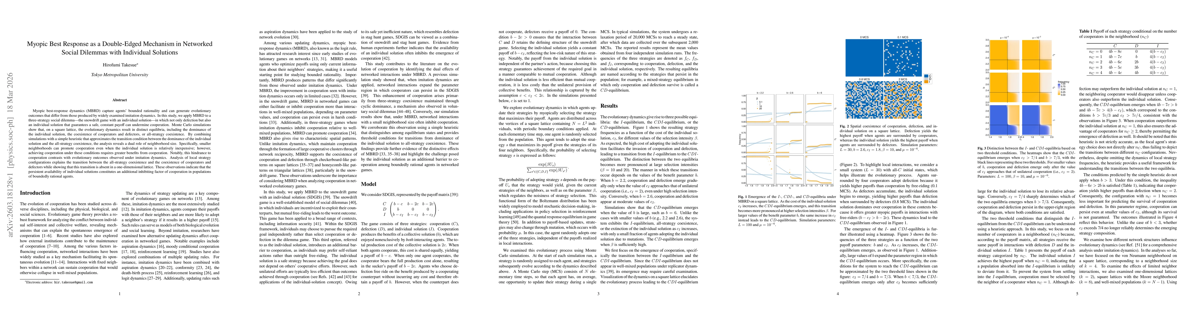 Thumbnail for Myopic Best Response as a Double-Edged Mechanism in Networked Social Dilemmas with Individual Solutions