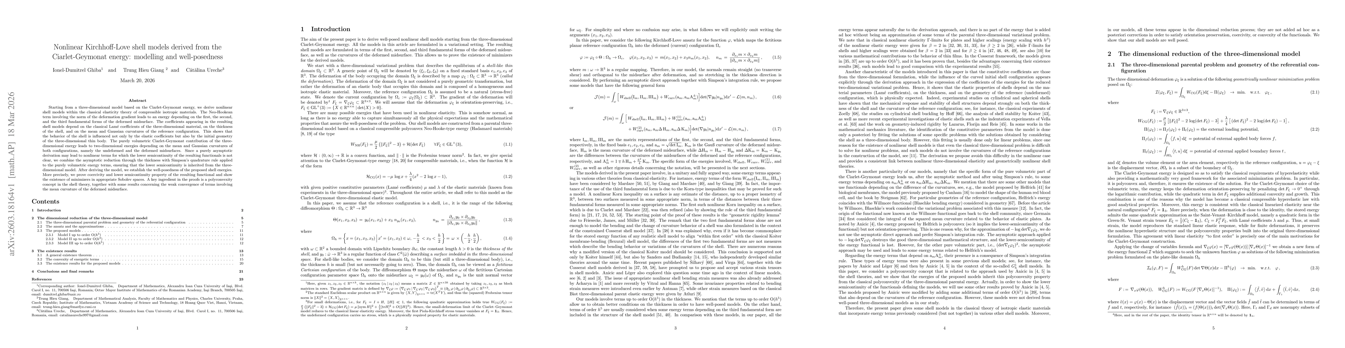 Thumbnail for Nonlinear Kirchhoff-Love shell models derived from the Ciarlet-Geymonat energy: modelling and well-posedness