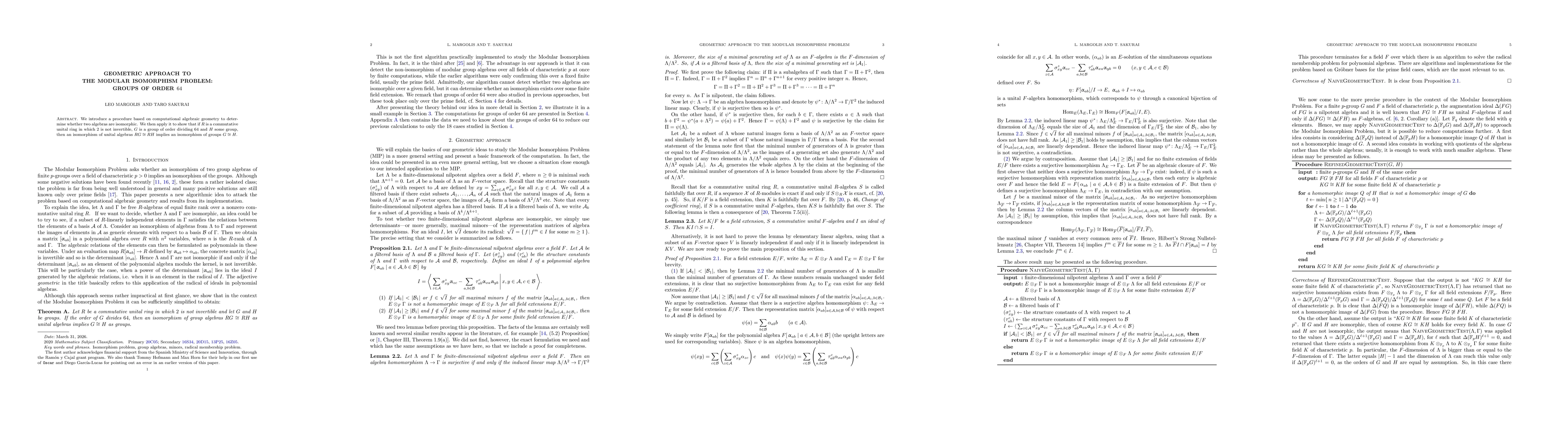 Thumbnail for Geometric approach to the modular isomorphism problem: groups of order 64